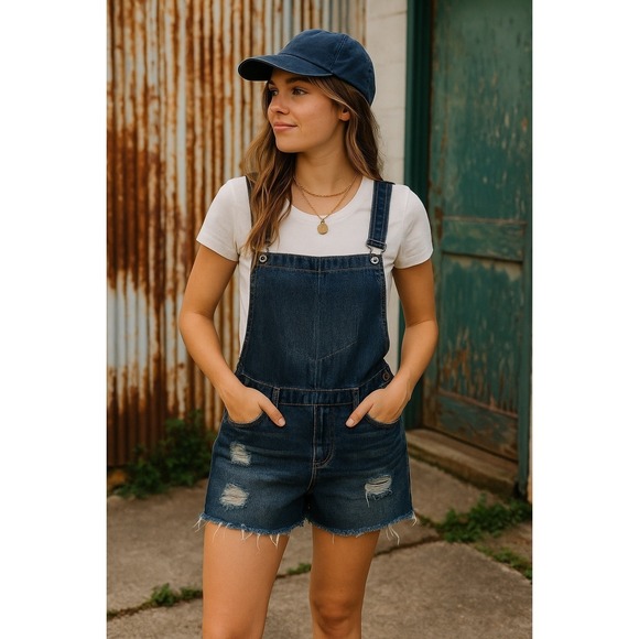 NWT Hwy Jeans Distressed Denim Overall Shorts Romper Y2K Vintage Style Size L - Picture 2 of 10